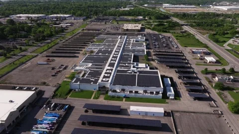 Wide Aerial Orbit of Solar Powered Data Center Campus Stock Footage 335913502