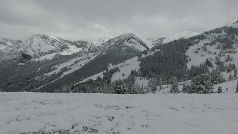 Wide Aerial Pan of Snow-Covered Rocky Mountain Peaks and Winter Wilderness Stock Footage 99928131