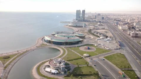 Wide Aerial Panorama of Eastern Corniche Waterfront Al Khobar Saudi Arabia Stock Footage 336864164
