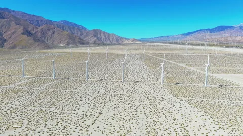 Wide aerial panorama of endless wind turbines across Palm Springs desert vast Video stock 334640912