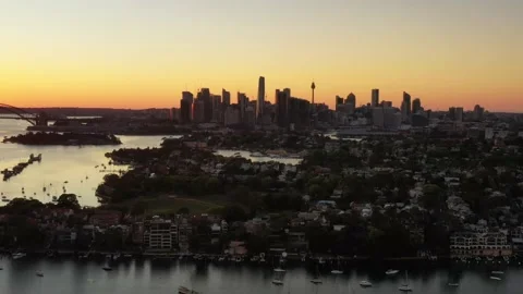Wide aerial panorama facing distant Sydney city CBD skyline at sunrise as 4k. Video stock 166417150