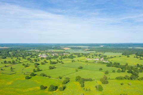 Wide aerial of patchwork green fields, Burgundy Stock Photos