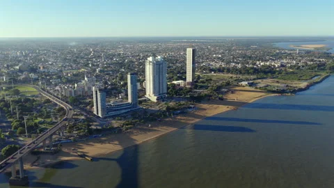 Wide aerial perspective of residential development towers along the Paraná Stock-Footage 320978367