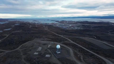 Wide Aerial Pull Back Continuation Over Radome Showing Tundra and Frobisher Bay Stock Footage 346603082