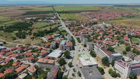 Wide Aerial Pull Out Shot of Chirpan Bulgaria Stockbeeldmateriaal 345172390