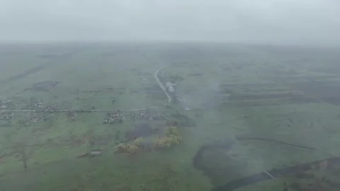 Wide Aerial Survey of Devastated Rural Infrastructure and Ruins Stockbeeldmateriaal 332355280