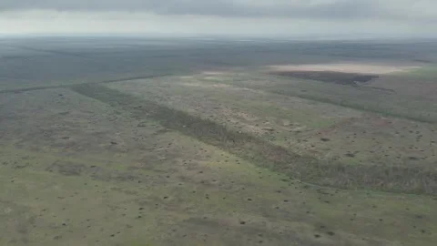 Wide Aerial Survey of Extensive Shell Craters and Devastated Fields Stockbeeldmateriaal 332355042