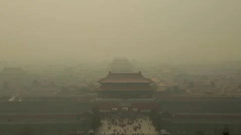 Wide Aerial View of Forbidden City Entrance and Crowds in Hazy Beijing Stock Footage 345821853