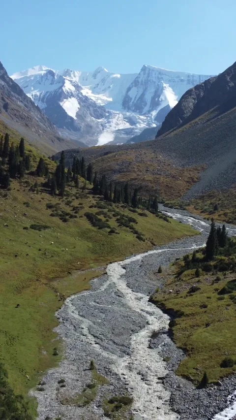 Wide aerial view of mountain rivers merging in alpine valley under mountains Stock Footage 336689006