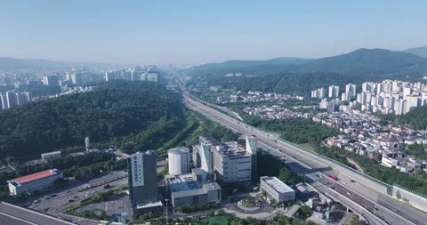 Wide aerial view of Pangyo Techno Valley IT business district in the morning Stock Footage 336004714