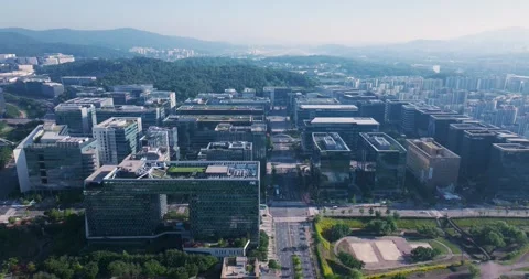Wide aerial view of Pangyo Techno Valley IT business district in the morning Video stock 336004977