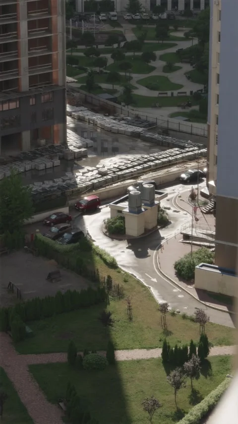 Wide aerial view of skyscraper construction site development Stock Footage 340610736