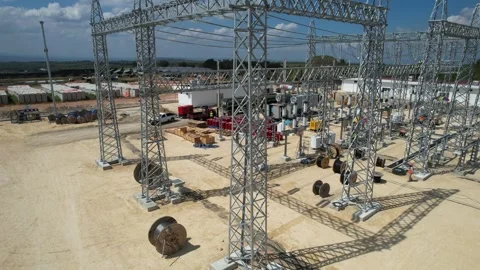 Wide aerial view of a substation construction site Stock Footage 278367619