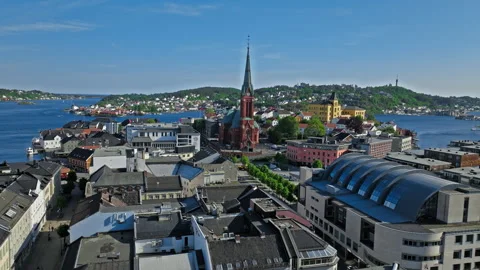Wide aerial view of Trinity Church and Arendal city center Norway. Stock Footage 328127970