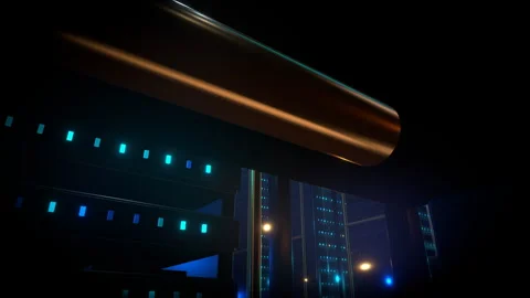 Wide aggressive diagonal sweeping pan capturing a massive data center, 4K Stock Footage 338215736