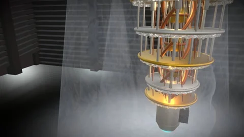 Wide aggressive overhead crane drop plunging down into a quantum computer, 4K Stock Footage 340410119