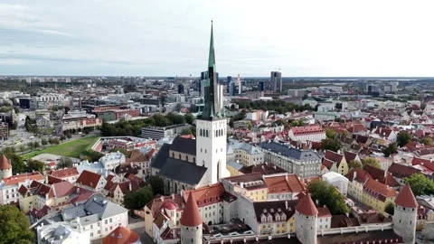 Wide-angle 4k aerial drone video from Tallinn, Estonia showing the old town Stock Footage 253033229
