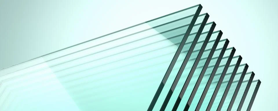 Wide angle abstract background with stack of flat green glass. Copy space. .. Stock Illustration