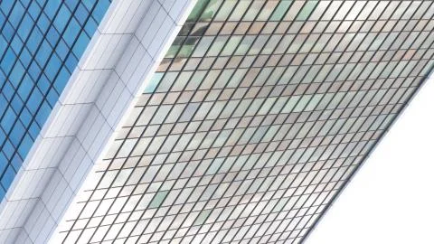 Wide angle abstract background view of steel light blue high rise commercial Stock Photos