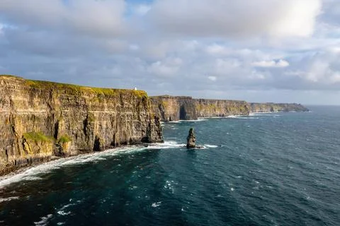 Wide-Angle Aerial of Cliffs of Moher from Sea Stock Photos
