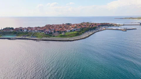 Wide angle Aerial drone flyby Nessebar, ancient city on the Black Sea island Video stock 289079797