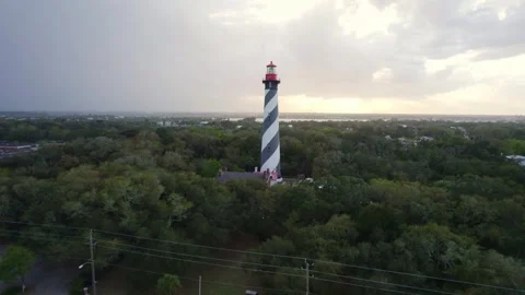 Wide-angle aerial perspective of the St. Augustine Lighthouse standing tall Stock Footage 332889230