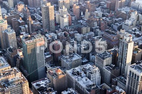 Wide angle aerial view of manhattan at dusk Stock Photos
