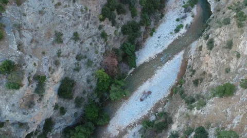 Wide angle aerial view of a winding river channel in a dry canyon Stock Footage 343963004
