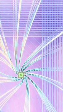 Wide angle of AI chip with dynamic neon cable expansion over layered digita.. Stock Illustration