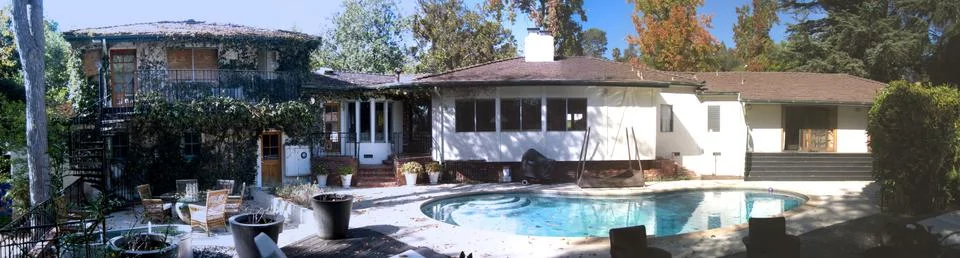 Wide Angle of Backyard with Pool Stock Photos