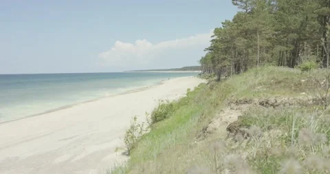 Wide angle beach scene with white sand and small waves in sunny summer day Stock Footage 159982817