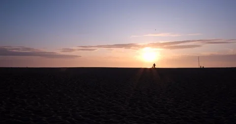 Wide angle beach at sunset. Unidentifiable person walking dogs in distance Stock Footage 116358839