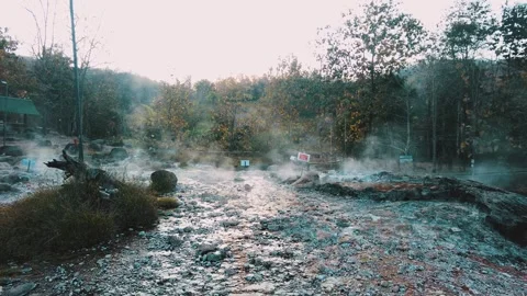 Wide angle, boiling soil steaming vapour in hot spring boiling river source Stock-Footage 341995703
