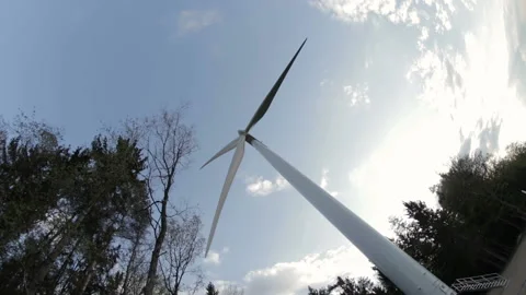 Wide angle bottom view on blade of electric windmill. Camera rotates. Stock Footage 107687089
