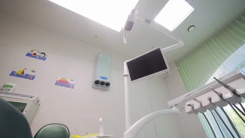 Wide angle bottom view panorama of dentist's office, dentist chair with large Stock Footage 142122014