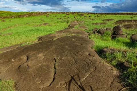 Wide angle bottom view of petroglyphs in Easter Island Stock Photos