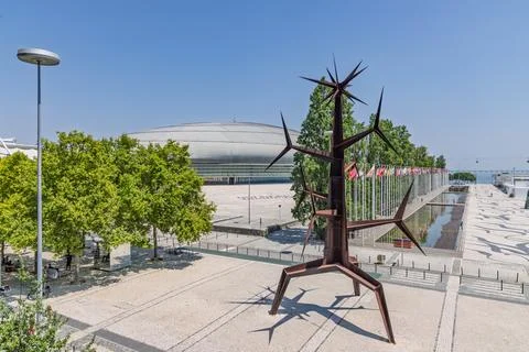 A wide-angle, bright daytime view of the MEO Arena in Lisbon, with a striking Stock Photos
