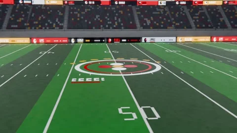 Wide-angle camera panning right and forward over stadium field to center logo, Stock Footage 339721908