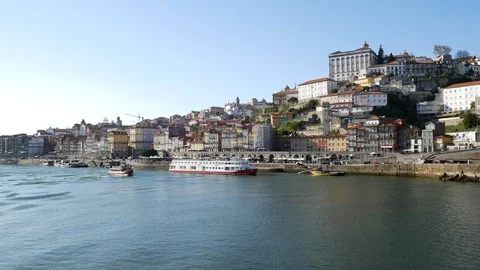 Wide angle cityscape over Douro river and Porto in Portugal Stock Footage 105004802
