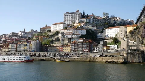 Wide angle cityscape over Douro river and Porto in Portugal Stock Footage 105017420