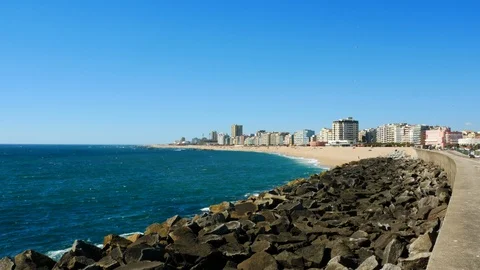 Wide angle cityscape of Povoa de Varzim in Portugal on a summer day 스톡 동영상 108949129