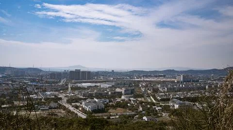 The Wide-angle Cityscape Under The Cloudy Blue Sky in Suzhou, China. Stock Photos