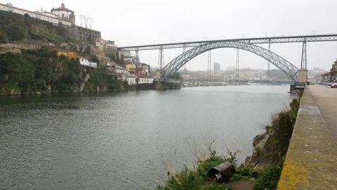 Wide angle cityscape view over Porto, Portugal on a rainy day with cat Stock Footage 104267093