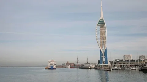 Wide angle clip of Spinnaker Tower and Portsmouth Dockyard Stock Footage 126138587