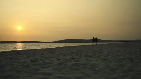 Wide Angle Of Couple Walking Along Shoreline In The Evening Video stock 254063475