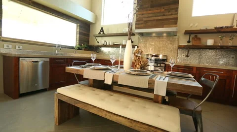 Wide Angle Dining Room Table in Kitchen Background Stock Footage 60222663