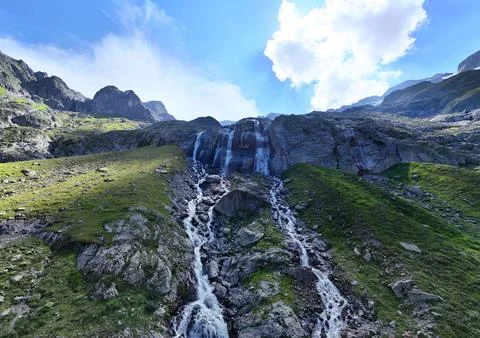 Wide Angle Drone Image of 3 Waterfalls in Engelberg, Switzerland Stock Photos