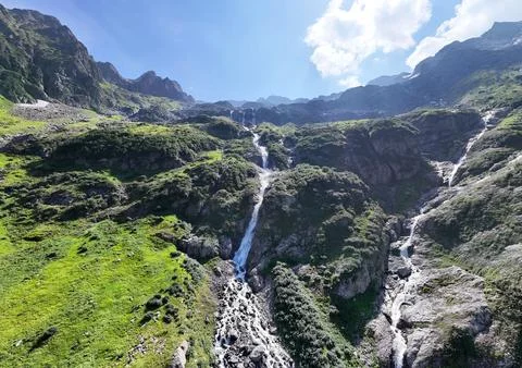 Wide Angle Drone Image of a Waterfall in Engelberg, Switzerland Stock Photos