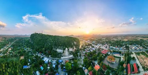 A wide angle drone shot of the bat caves in Battambang, Cambodia Stock Photos