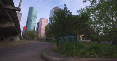 Wide-Angle Drone Shot of Downtown Houston from Sam Houston Park Stock Footage 305160379